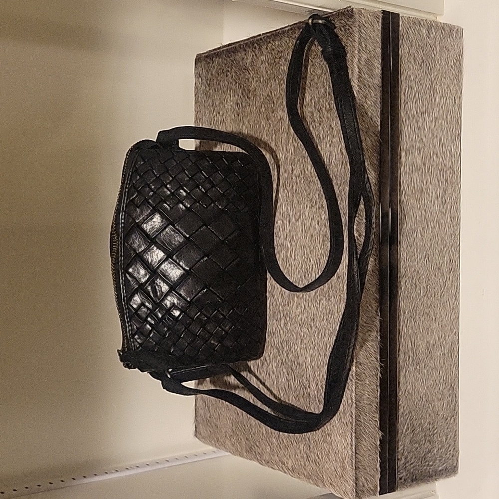 Black woven leather crossbody bag